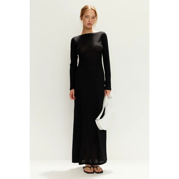 Y2K 90s Vintage Long Sleeve Shift Column Maxi Dress Minimalist Evening Goth Vamp - Picture 1 of 9